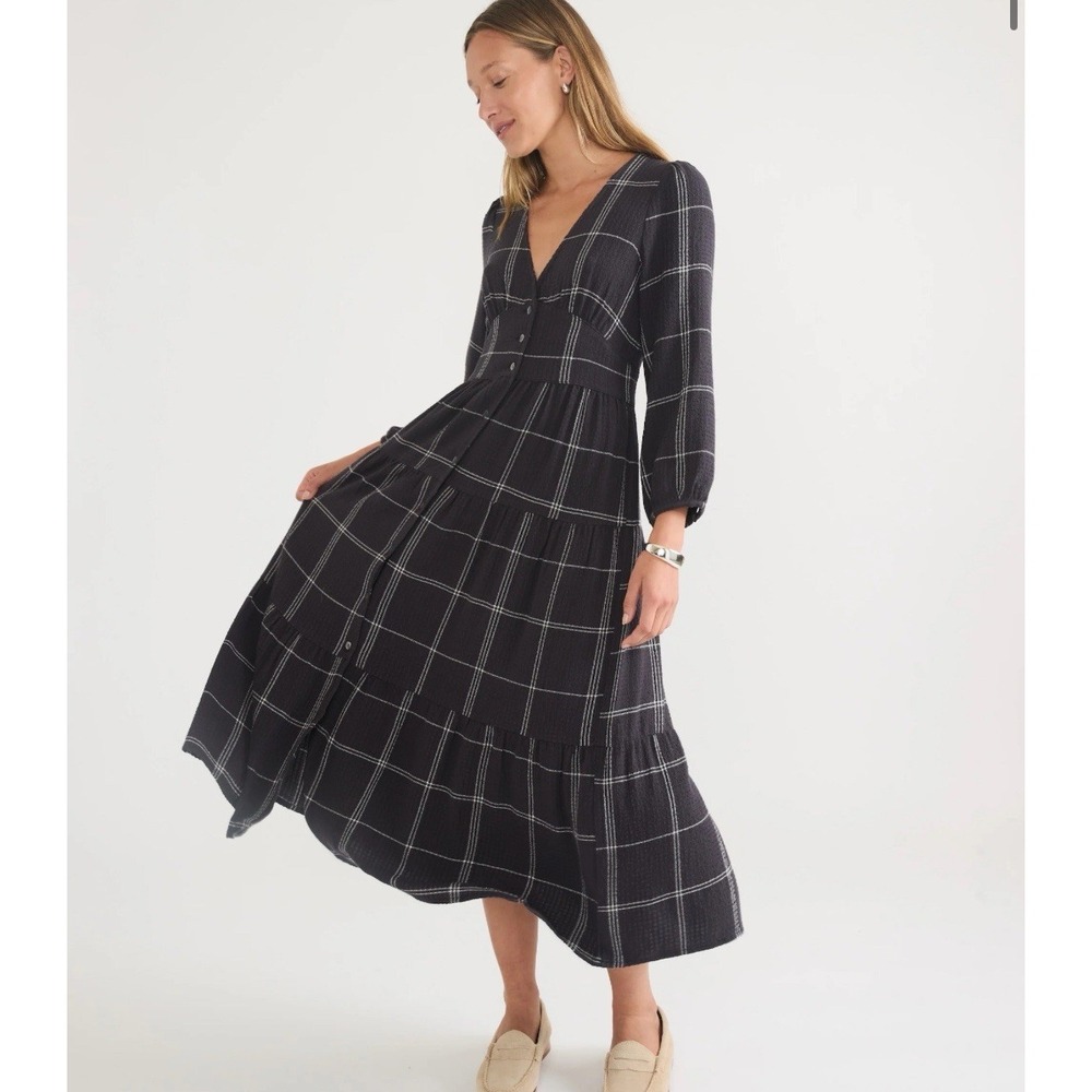 Marine Layer Maeve Tiered Maxi‎ Dress Black Windowpane Size XS